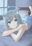  1girl animal_ear_fluff animal_ears bare_arms bare_shoulders barefoot bed blue_archive blue_camisole blue_eyes camisole commentary_request crossed_arms grey_hair gucchiann halo highres long_hair looking_at_viewer lying on_bed on_stomach parted_lips pillow shiroko_(blue_archive) soles solo window 