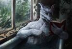 anthro bathing bathtub cozy dragon hi_res horn horn_jewelry jewelry male muscular muscular_male mythological_creature mythological_scalie mythology raining reading ring scales scalie smoking solo sophynelle white_body white_dragon white_scales xanvaal yellow_eyes