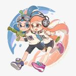  1boy 1girl :d bike_shorts black_shorts blue_eyes blue_hair blush_stickers clenched_hand commentary_request copyright_name cross-laced_footwear full_body goggles goggles_on_head grin hair_tie hand_on_another&#039;s_shoulder headphones highres holding holding_weapon ink_tank_(splatoon) inkling_boy inkling_girl inkling_player_character kyaiware layered_shirt long_hair long_sleeves looking_at_another open_mouth orange_eyes orange_hair outline pink_footwear ponytail print_shirt purple_footwear running shirt shoes short_sleeves shorts smile sneakers splatoon_(series) splatoon_1 splattershot_(splatoon) suction_cups tentacle_hair thank_you thick_eyebrows twintails very_long_hair weapon white_background white_outline white_shirt 