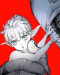  2boys berserk clenched_teeth commentary greyscale_with_colored_background highres holding male_focus mini_person miniboy multiple_boys nisino2222 pointy_ears puck_(berserk) red_background teeth 