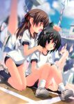  :o absurdres aqua_eyes black_hair bow brown_eyes brown_hair buruma gotou_nao gym_uniform hair_bow hair_ornament hairclip highres kneeling multiple_girls open_mouth original short_hair sitting 