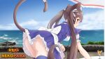  1girl absurdres animal_ears apron ass back_bow bent_over black_shirt black_skirt black_thighhighs blue_sky blunt_bangs blurry blush bow brown_eyes brown_hair cat_ears cat_girl cat_tail character_name chocola_(nekopara) commentary_request copyright_name cowboy_shot cup day depth_of_field drinking_glass frilled_apron frilled_skirt frills from_behind hair_ornament hair_ribbon heart heart_hair_ornament highres long_hair looking_at_viewer looking_back maid maid_headdress making-of_available nail_polish nekopara ocean open_mouth outdoors panties panty_peek partial_commentary pink_bow pink_nails profile puffy_short_sleeves puffy_sleeves raiz_art_works ribbon shirt short_sleeves sideways_glance skirt sky sleeve_bow slit_pupils smile solo straight_hair striped_clothes striped_panties tail tail_raised thighhighs twintails underwear very_long_hair waist_apron waitress white_apron white_bow white_ribbon white_wrist_cuffs wine_glass wrist_cuffs 