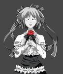  closed_eyes flower frills hair_ribbon k3_(dolphin_brain) kamikita_komari little_busters! monochrome ribbon rose simple_background solo spot_color twintails 