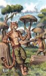0laffson 5_fingers anthro argonian bethesda_softworks biped bottle clothed clothing cloud container duo fangs felid fingers fur hi_res holding_bottle holding_container holding_object khajiit male mammal morrowind open_mouth painting_(artwork) plant scalie striped_body striped_fur stripes tail teeth the_elder_scrolls topless topless_anthro topless_male traditional_media_(artwork) tree watercolor_(artwork)