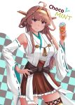  ahoge alternate_color brown_hair brown_skirt checkered_background detached_sleeves double_bun food hair_bun hairband hakama hakama_skirt hand_on_own_hip headgear highres holding holding_food holding_ice_cream ice_cream ice_cream_cone japanese_clothes jouzaburou_(joe3) kantai_collection kongou_(kancolle) long_hair nontraditional_miko pleated_skirt purple_eyes ribbon-trimmed_sleeves ribbon_trim skirt 