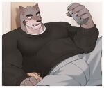 anthro biceps black_clothing blush blush_lines bodily_fluids bottomwear bulge can canid canine clothed clothing container facial_hair fur grey_body grey_bottomwear grey_clothing grey_fur grey_pants hachi_duchi hair hi_res holding_can holding_container holding_object lying male mammal muscular muscular_anthro muscular_male on_back open_mouth pants red_ears smile solo sweat teeth