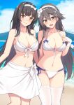  :d akahi242 beach bikini black_hair breasts cleavage collarbone commission cosplay costume_switch flower front-tie_bikini_top front-tie_top girls&#039;_frontline hair_flower hair_ornament hairband hairclip haruna_(kancolle) highres kantai_collection large_breasts long_hair looking_at_viewer navel ocean official_alternate_costume outdoors sarong side-tie_bikini_bottom skeb_commission smile swimsuit thighhighs twitter_username type_95_(girls&#039;_frontline) type_95_(summer_cicada)_(girls&#039;_frontline) white_bikini white_hairband white_sarong white_thighhighs yellow_eyes 
