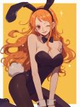  1girl animal_ears black_leotard bow bowtie detached_collar fake_animal_ears fake_tail highleg highleg_leotard highres kurage20001 leotard nami_(one_piece) one_eye_closed one_piece orange_eyes orange_hair pantyhose playboy_bunny rabbit_ears rabbit_tail smile strapless strapless_leotard tail wrist_cuffs 