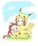  1girl bad_id bad_pixiv_id baseball_cap blush brother_and_sister child cosplay drooling gen_1_pokemon hat k-on! kumichou_(kumichoubox) namesake open_mouth pikachu pikachu_(cosplay) poke_ball pokemon pokemon_(game) red_(pokemon) red_(pokemon)_(cosplay) saliva siblings tainaka_ritsu tainaka_satoshi younger 