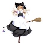  alice_margatroid apron blonde_hair boots braid broom buttons character_doll cross-laced_footwear dress hair_ribbon hand_on_headwear hat highres kirisame_marisa kirisato_itsuki lace-up_boots patchouli_knowledge ribbon solo touhou witch_hat yellow_eyes 