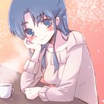  asakura_ryouko blue_eyes blue_hair blush casual coffee cup long_hair lowres mug solo suzumiya_haruhi_no_shoushitsu suzumiya_haruhi_no_yuuutsu sweater yoshizoe_eiko 