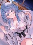  1girl absurdres ako_(blue_archive) anger_vein bed belt blanket blue_archive blue_eyes blue_hair blue_halo breasts cleavage collarbone halo highres lying mi_taro333 night night_sky on_side robe sky solo under_covers 