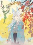  1girl absurdres animal_ear_fluff animal_ears blue_shawl branch bug butterfly closed_mouth cowboy_shot crossed_arms fishofthelakes floating_hair grey_hair grey_kimono highres japanese_clothes kimono long_hair long_sleeves original shawl short_eyebrows solo yellow_eyes 