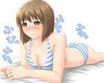  bikini blush bob_cut brown_eyes brown_hair hagiwara_yukiho idolmaster idolmaster_(classic) lying on_stomach short_hair shougi_(116) solo striped striped_bikini swimsuit tears 