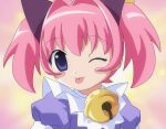  1girl animal_ears anime_coloring bell blush cat_ears colinarmis gradient_background jingle_bell miracle-chan neck_bell nose_blush one_eye_closed original pink_hair puffy_short_sleeves puffy_sleeves purple_eyes short_sleeves solo tongue tongue_out twintails upper_body 