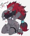 2024 3_claws anthro arm_tuft belt big_hands blue_eyes blush body_blush bondage_belt bra breast_blush breasts canid canine chest_tuft claws clothing curvy_figure eyelashes featureless_crotch female finger_claws fur generation_5_pokemon grey_body grey_fur hair heart_symbol hi_res kneeling mammal markings multicolored_hair navel neck_markings nintendo pokemon pokemon_(species) red_claws red_hair shoulder_tuft simple_background small_waist solo thick_thighs toe_claws togetoge tongue tongue_out tuft two_tone_hair underwear wide_hips zoroark