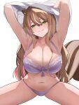  1girl absurdres alternate_breast_size animal_ears armpits arms_up ayunda_risu blush bow bow_bra bra breasts breath brown_hair closed_mouth green_eyes hair_between_eyes highres hololive hololive_indonesia large_breasts long_hair looking_at_viewer multicolored_hair navel panties pink_hair shirt si_farid simple_background smile solo spread_legs squirrel_ears squirrel_girl squirrel_tail streaked_hair tail underwear undressing very_long_hair virtual_youtuber wavy_mouth white_background white_bra white_hair white_panties white_shirt 