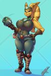 2024 alien angela_cross anthro belt biceps big_breasts blue_eyes boots breasts clothing curvy_figure eyelashes female fingers footwear gloves grin gun hair hand_on_hip handwear headgear headwear hi_res hourglass_figure huge_breasts lombax mammal mask muscular muscular_female ponytail ranged_weapon ratchet_and_clank shinysteel signature simple_background smile sony_corporation sony_interactive_entertainment stripes thick_thighs utility_belt voluptuous weapon wide_hips