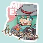  1girl arizona_(state) artist_name black_gloves blue_eyes blue_scarf commentary cowboy_hat english_commentary gloves grey_hat hair_between_eyes hat hatsune_miku hatsune_miku_expo heart heart_hands highres long_hair looking_at_viewer medium_bangs olive_(tinytaiyaki) one_eye_closed open_mouth place_name round_teeth scarf smile solo star-shaped_pupils star_(symbol) symbol-shaped_pupils teeth upper_body upper_teeth_only vocaloid 
