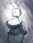 2024 :&gt; abstract_background big_breasts bottomwear breasts choker cleavage clothed clothing curvy_figure digital_drawing_(artwork) digital_media_(artwork) electronics eyelashes female for_a_head greyscale hi_res hourglass_figure humanoid jewelry monochrome necklace not_furry object_head off_shoulder pants plug portrait screen screen_face screen_head signature simple_eyes small_waist solo standing sweater tabitha_(ultraneeks) television thick_thighs three-quarter_portrait three-quarter_view topwear tv_head ultraneeks wide_hips