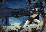  arm_cannon bikini_top black_hair black_rock_shooter black_rock_shooter_(character) blue_eyes blue_fire boots coat kuroi_mato long_hair midriff shorts twin_tails 