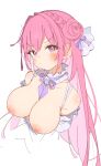  1girl absurdres between_breasts blush braid breasts closed_mouth collar crown_braid detached_collar dorothy_(nikke) dress frilled_collar frills goddess_of_victory:_nikke hair_bun highres large_breasts long_hair looking_at_viewer nipples pink_eyes pink_hair puffy_nipples purple_ribbon rasusurasu ribbon ribbon_between_breasts simple_background solo white_background white_collar white_dress 