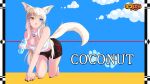  1girl all_fours animal_ear_fluff animal_ears bare_arms bare_legs bare_shoulders barefoot bell black_shorts blonde_hair blue_eyes blue_sky blush bottle breasts cat_ears cat_girl cat_tail character_name chestnut_mouth cleavage cloud coconut_(nekopara) collarbone commentary copyright_name crop_top dark-skinned_female dark_skin day detached_collar frilled_shirt frills full_body hair_between_eyes hair_spread_out hand_up heterochromia highres holding holding_bottle hot jingle_bell large_breasts long_hair looking_to_the_side neck_bell nekopara open_mouth outdoors raiz_art_works shirt shorts sidelocks simple_background sky sleeveless sleeveless_shirt solo straight_hair strap_slip sweat tail tail_raised thighs tiptoes very_long_hair water_bottle white_shirt yellow_eyes 
