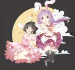  2girls animal_ears barefoot black_hair breasts carrot_necklace collared_shirt dress frilled_sleeves frills full_body huang_bao_b inaba_tewi jewelry long_hair looking_at_viewer multiple_girls necklace necktie no_shoes open_mouth pink_dress pleated_skirt puffy_short_sleeves puffy_sleeves purple_hair purple_skirt rabbit_ears red_eyes red_necktie red_ribbon reisen_udongein_inaba ribbon ribbon-trimmed_dress shirt short_hair short_sleeves simple_background skirt sleeve_ribbon small_breasts thighhighs torn_clothes torn_thighhighs touhou white_shirt zettai_ryouiki 