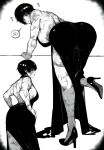  ? absurdres ass ass_focus black_dress black_hair burn_scar dress from_behind full_body glasses greyscale highres jujutsu_kaisen masoq monochrome multiple_scars scar short_hair speech_bubble strapless strapless_dress too_many too_many_scars zen&#039;in_maki 