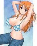  armpits breasts brown_eyes hamu_agaki large_breasts long_hair nami_(one_piece) one_piece orange_hair smile solo tattoo 