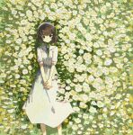 1girl brown_eyes brown_hair chin_strap closed_mouth day dress feet_out_of_frame flower ge_dazuo green_ribbon highres looking_at_viewer original outdoors own_hands_together ribbon short_hair short_sleeves signature solo white_dress white_flower white_hat 