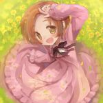  1girl black_bow black_bowtie bow bowtie brown_hair buttons circle_skirt collared_shirt commentary_request dress field fingernails flower flower_field frilled_dress frilled_sleeves frills full_body green_eyes hand_on_own_head highres hoshizora_rin light_blush long_dress long_sleeves looking_at_viewer love_live! love_live!_school_idol_project open_mouth petals pink_dress pink_sleeves shirt short_hair sitting sleeves_past_wrists smile solo square_neckline usamata white_shirt yellow_flower 