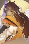  asymmetrical_hair bishounen black_hat cape capelet cropped_shoulders dark-skinned_male dark_skin desert egyptian_clothes facing_away genshin_impact gold_trim highres male_focus orange_cape orange_capelet parted_bangs sethos_(genshin_impact) 