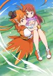  1boy 2girls baby black_hat blue_sky carrying cure_wing ellee-chan floating gloves hat highres hijiri_ageha hirogaru_sky!_precure holding_baby looking_back magical_boy mini_hat mini_top_hat multiple_girls orange_eyes orange_footwear orange_hair outdoors precure princess_carry purple_hair sky top_hat uraki yellow_gloves yuunagi_tsubasa 