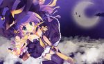  cleavage clouds dress green_eyes halloween hat moon night ribbons thigh-highs tie witch 