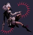  braid gloves izayoi_sakuya knife kumadano maid maid_headdress red_eyes short_hair silver_hair solo touhou twin_braids 