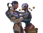  2boys cyborg eye_contact feet_out_of_frame floating floating_object from_side genji_(overwatch) hands_on_another&#039;s_shoulders highres hug humanoid_robot looking_at_another male_focus multiple_boys overwatch overwatch_1 robot simple_background standing treslech3s white_background zenyatta_(overwatch) 