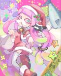  1girl alternate_costume aqua_eyes blue_eyes capelet christmas clownfish dress drooling eyelashes fake_facial_hair fake_mustache fish fur-trimmed_capelet fur-trimmed_dress fur-trimmed_headwear fur_trim gradient_hair green_hair grey_thighhighs harmony&#039;s_clownfish_(splatoon) harmony_(splatoon) hat holding holding_sack holly koike3582 long_hair multicolored_hair open_mouth over_shoulder pink_hair red_capelet red_dress red_hat sack santa_costume santa_dress santa_hat skateboard solo splatoon_(series) tentacle_hair thighhighs two-tone_eyes two-tone_hair very_long_hair zettai_ryouiki 