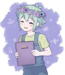  1boy basil_(headspace)_(omori) basil_(omori) blue_overalls blush closed_eyes colored_skin flower green_hair green_shirt head_wreath mozukusa omori open_mouth overalls shirt short_hair short_sleeves smile solo translation_request upper_body white_skin 