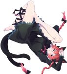  1girl absurdres animal_ears barefoot black_bow black_dress black_ribbon bow braid cat_ears cat_girl cat_tail commentary dress extra_ears full_body hair_bow highres kaenbyou_rin leg_ribbon legs long_hair long_sleeves looking_at_viewer multiple_tails nekomata red_eyes red_hair ribbon side_braids simple_background solo tail touhou twin_braids two_tails white_background yukina_(masyumaro610) 