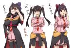  3girls :d arms_under_breasts arue_(konosuba) black_cloak black_hair black_thighhighs blue_bow bow breasts brown_hair cloak clothes_around_waist collared_dress commentary_request crossed_arms diagonal-striped_clothes diagonal-striped_necktie dingdaydream dodonko_(konosuba) dress drill_hair eyepatch funifura hair_between_eyes hair_bow hair_ornament hair_ribbon hand_on_own_face highres kono_subarashii_sekai_ni_shukufuku_wo! large_breasts long_hair long_sleeves looking_at_viewer multicolored_necktie multiple_girls necktie one_eye_covered open_mouth orange_necktie pink_dress pleated_skirt ponytail red_bow red_cloak red_eyes red_necktie red_prison_magic_school_uniform ribbon school_uniform simple_background skirt smile standing striped_clothes striped_necktie thighhighs translated twintails two-tone_cloak v v-shaped_eyebrows white_background white_ribbon x_hair_ornament 