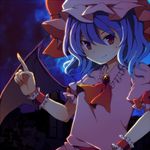  bad_id bad_pixiv_id bat_wings blue_hair brown_eyes dark_clouds hat night night_sky pointing red_eyes remilia_scarlet short_hair sky smile solo sumeragi_oruta touhou wings wrist_cuffs 