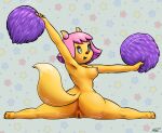 absurd_res anthro anus areola barefoot blue_eyes breasts butt canid canine cheerleader collaboration eyeshadow feet female fox fur genitals hair hi_res looking_at_viewer makeup mammal nipples nude open_mouth open_smile orange_body orange_fur parappa_the_rapper paula_fox pink_hair pussy revtilian smile smiling_at_partner soles solo sony_corporation sony_interactive_entertainment sr
