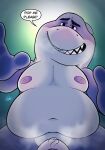 anthro belly big_belly boyhowdy dialogue dreamworks erection first_person_view fish hand_on_head hi_res imminent_oral looking_at_viewer male marine mr._shark_(the_bad_guys) overweight overweight_male pov_blowjob shark smile smirk solo speech_bubble the_bad_guys vein