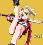  1girl black_footwear blonde_hair blush boots breasts clarent_(fate) denim denim_shorts fate/apocrypha fate/grand_order fate_(series) green_eyes grin hair_ornament hair_scrunchie highres holding holding_sword holding_weapon jacket jewelry leg_up looking_at_viewer mordred_(fate) mordred_(fate/apocrypha) mordred_(memories_at_trifas)_(fate) necklace open_clothes open_jacket orange_background over_shoulder ponytail red_jacket red_scrunchie scrunchie short_shorts shorts small_breasts smile solo star_(symbol) sword uotsu_(sabakou) weapon weapon_over_shoulder 