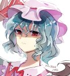  1girl artist_name bat_wings blonde_hair blue_hair closed_mouth hair_between_eyes hat hat_ribbon highres ichirugi looking_at_viewer mob_cap pink_hat pixiv_id portrait red_eyes red_ribbon remilia_scarlet ribbon ribbon-trimmed_headwear ribbon_trim simple_background solo touhou white_background wings 