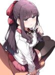  1girl black_thighhighs blue_eyes blush bow chair commentary hair_bow highres long_hair looking_to_the_side new_game! nyoijizai red_bow red_skirt shirt sidelocks sitting skirt solo takimoto_hifumi thighhighs wavy_mouth white_shirt 