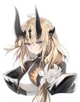  1girl absurdres ahoge arknights blonde_hair blue_eyes breasts commentary highres horn/wood horns long_hair looking_at_viewer medium_breasts reed_(arknights) reed_the_flame_shadow_(arknights) simple_background solo upper_body white_background 