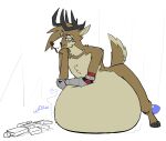 after_vore annoyed_expression anthro antlers belly big_belly cervine cybernetic_arm cybernetic_limb cybernetics deer digestion_noises egg gun hi_res hooves horn machine male mammal oviposition raised_tail ranged_weapon red_(topazknight) rumbling_stomach solo tail topazknight vore weapon