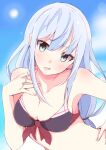  1girl bare_shoulders bikini blue_eyes blue_hair blue_sky blurry blurry_background blush breasts cleavage collarbone enelis front-tie_bikini_top front-tie_top hand_on_own_hip hand_up idolmaster idolmaster_million_live! idolmaster_million_live!_theater_days light_blue_hair light_particles long_hair looking_at_viewer low-tied_long_hair medium_breasts open_mouth shiraishi_tsumugi sky solo sun swimsuit two-tone_bikini upper_body very_long_hair 